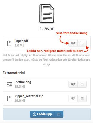 Om den aktuella filtypen så medger kan du förhandsgranska den efter att du laddat upp den. Du kan också redigera titel samt ladda ner eller ta bort filer 2.