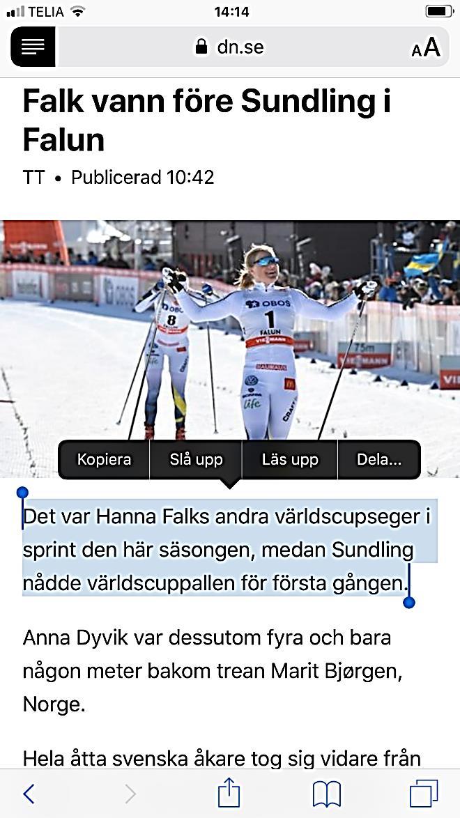 6 När du har gjort den inställningen kan du få text uppläst genom att markera den text du vill läsa och sedan trycka på Läs upp.