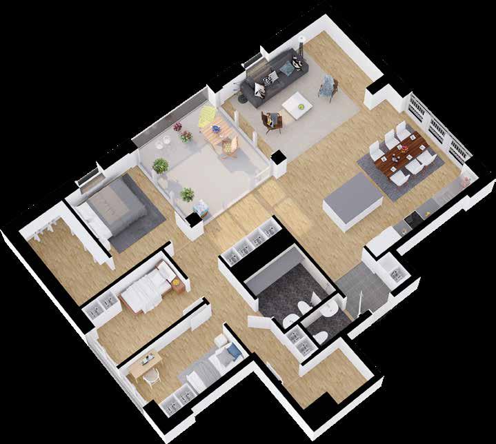 4 RUM & 116,8 m 2 4 RUM & 116,8 m 2 Den största lägenheten i huset, en takvåning med öppen planlösning och inbyggd balkong med glasparti på tre sidor.