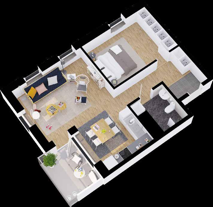 2 RUM & 57,9 m 2 2 RUM & 57,9 m 2 Tolv smart planerade tvårummare med öppen planlösning och balkong.