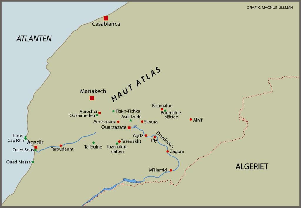 Centrala Marocko Mars 2018 Per Øystein Klunderud, Norge Magnus Ullman, Sverige Mattias Ullman, Sverige 1/3 Flyg till Marrakech, Oukaïmeden (6 på em), natt på Oukaïmeden 2/3 Oukaïmeden (3 på