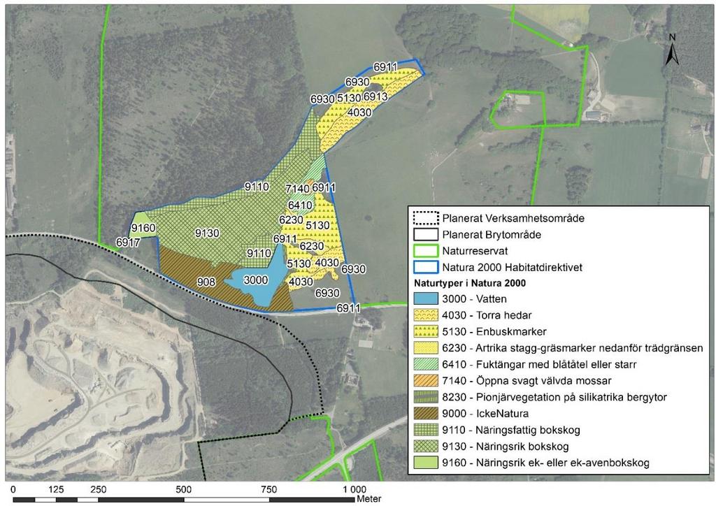 Tabell 6.11.1. Förekommande naturtyper inom Natura 2000-område Knivsås (SE0430152) med angivna arealer. Figur 6.11.1. Natura 2000-område Knivsås (SE0430152) med förekommande naturtyper.