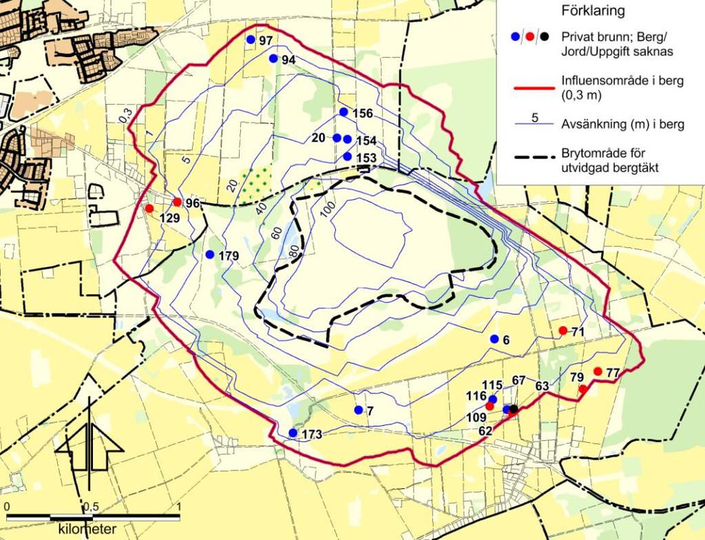 Figur 7.1.1.1. Identifierade privata brunnar inom praktiskt influensområde inkl beräknad avsänkning. Saxad från Swecos rapport (bilaga B2).