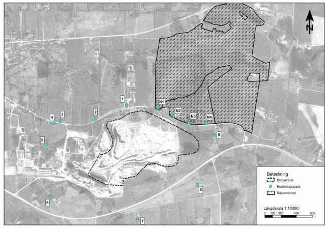 Figur 7.5.1.1 Karta som visar beräkningspunkter kring Dalby bergtäkt.