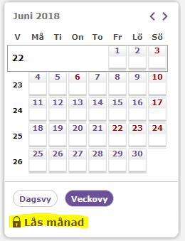 Lås period När du ska låsa hela månaden så går du till Lås Månad som du hittar direkt under kalendern i översiktsvyn 1.