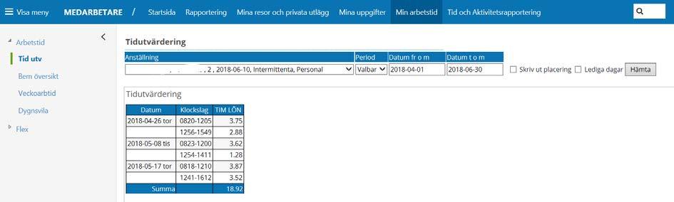 3.4 Tidutvärdering Under -Min arbetstid Tid utvi ser du närvarotid, frånvarotid eventuell OB för valbar period. Du kan välja en period på högst 3 månader.