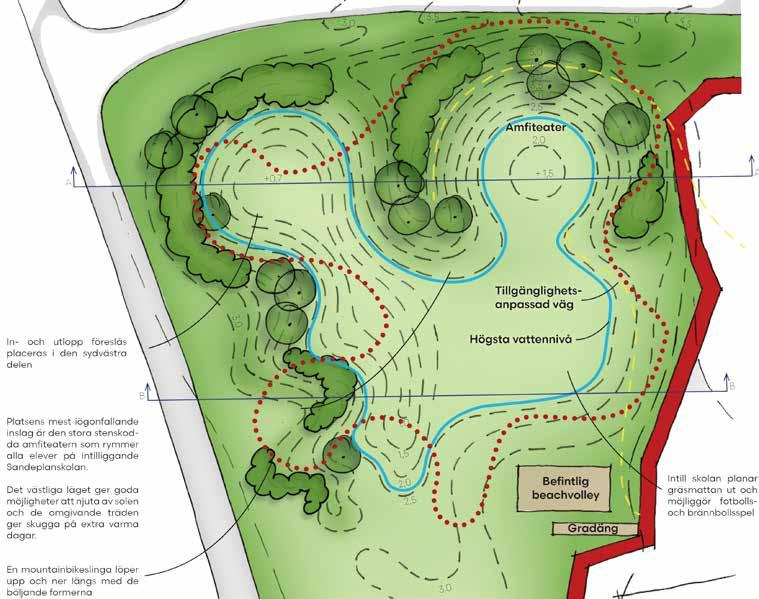 Nytt grönområde med dagvattenhantering planeras på Sandeplanskolan Ett grönområde med möjlighet för rekreation, motion, naturpedagogik och biologisk mångfald, kombinerat med en yta för