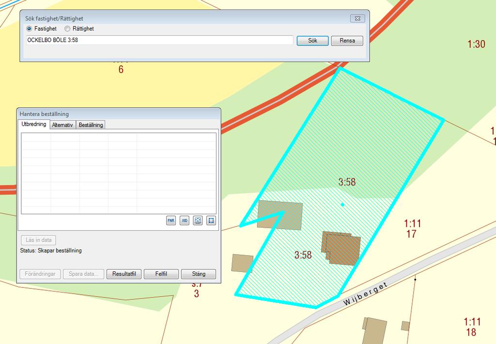Skriv valfri fastighetsbeteckning och klicka på Sök. Kartan zoomas in kring fastigheten och sökt fastighet visas skrafferad. Klicka på Rensa och stäng dialogrutan Sök fastighet/rättighet.