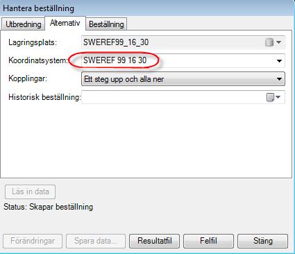 Byt till fliken Alternativ GEOSECMA föreslår koordinatsystem utifrån utbredningsrektangelns placering.