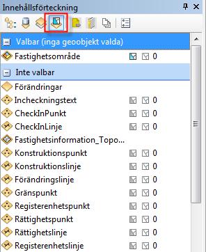 I Visa enligt urval kan man slå på/av visningen av lager och välja vilka som ska vara valbara i kartan. Gör så att fastighetsområden, rättighetslinjer och gränspunkter blir valbara.