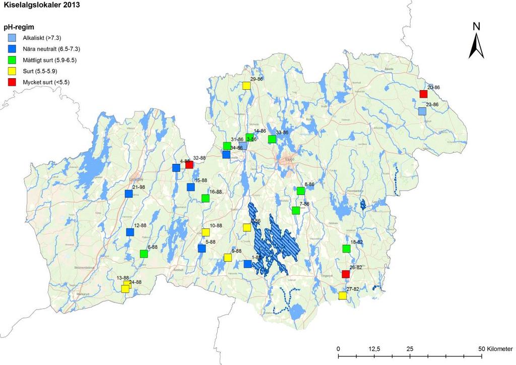 Figur 4. Översiktskarta över lokaler för kiselalgsprovtagning i Kronobergs län 2013. Figur 5.