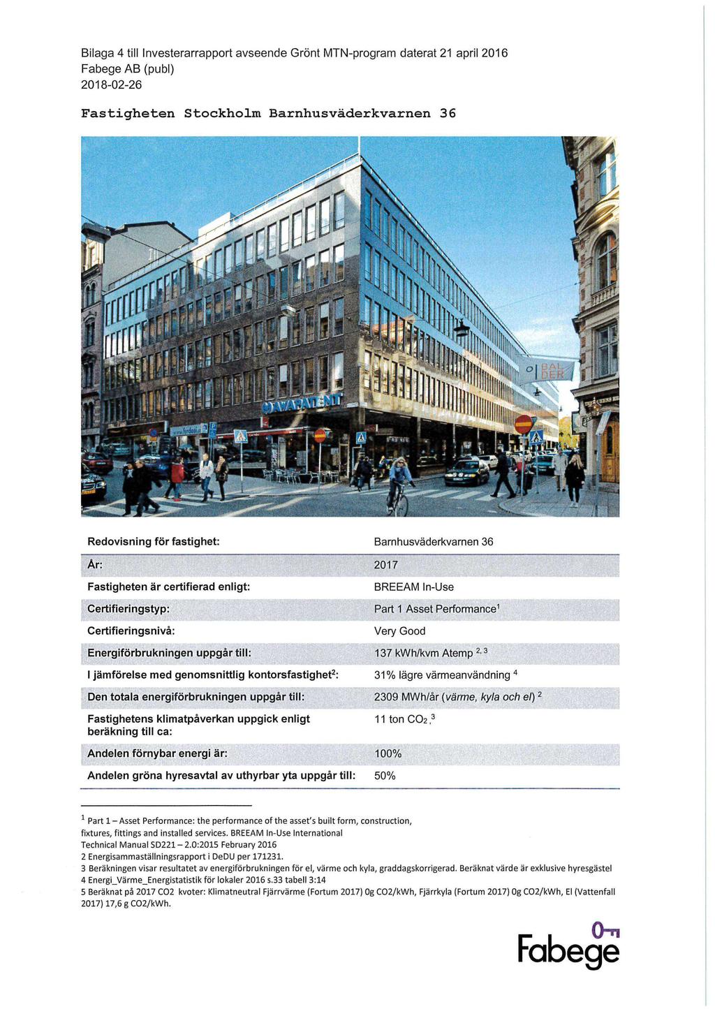 Bilaga 4 till lnvesterarrapport avseende Grönt MTN-program daterat 21 april 2016 Fastigheten Stockholm Barnhusväderkvarnen 36 Redovisning för fastighet: Barnhusväderkvarnen 36 2017 Fastigheten är