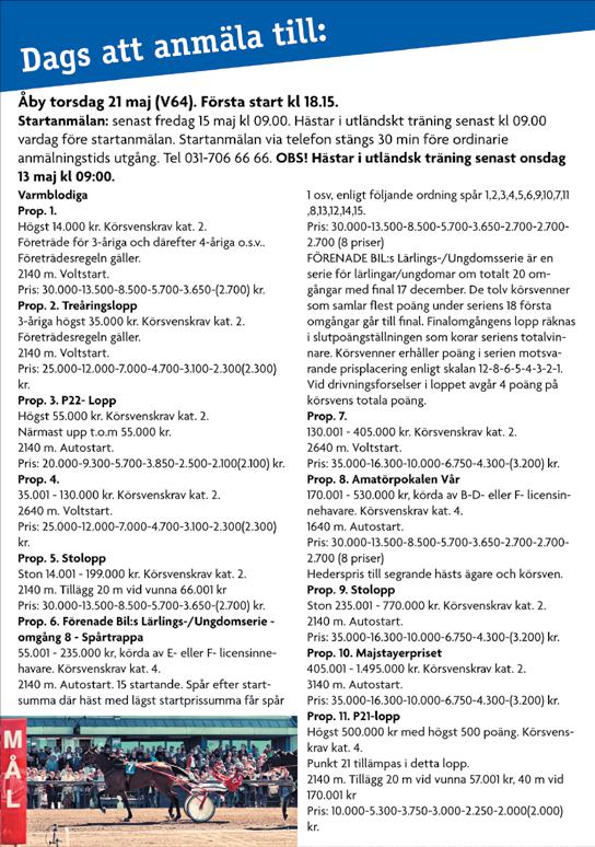 17:55 2 b Vårserien 3 Treåringslopp 3-åriga högst 60.000 kr. 2140 m. Autostart. Pris: 35.000-16.300-10.000-6.750-4.300-(3.200) kr. Hederspris till segrande hästs ägare.