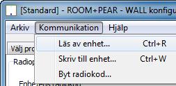 WALL Family Programmer 5.6 Menyn Kommunikation - ROOM kategorin Bild 19. Menyn kommunikation 5.6.1 Läs av/skriv till enhet För att läsa av/skriva konfigurationer gäller följande generella procedur: 1.