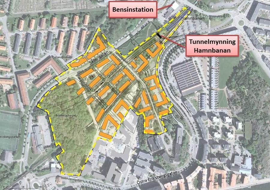 2 Områdes- och nulägesbeskrivning Planområdet är idag obebyggt och delas av Hamnbanan som utgör en barriär mellan de norra och södra delarna av Eriksberg.