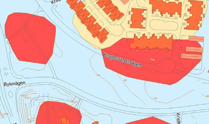 Utdrag ur den geologiska kartan över planområdet. Rött är berg, blått är morän. 7.3 Fornlämningar Inga kända fornlämningar finns i området. 7.4 Bebyggelseområden Planområdet är obebyggt.