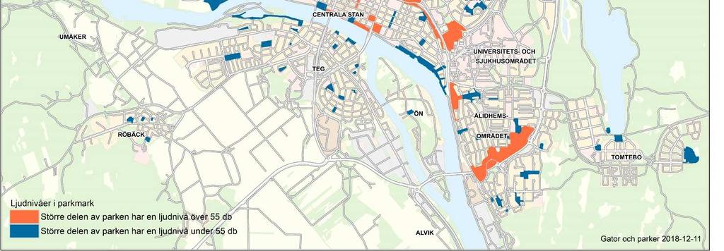 Ljudnivå från trafikbuller i parker i Umeå. I de rödmarkerade parkerna är ljudnivån på halva parkens yta över 55 dba.