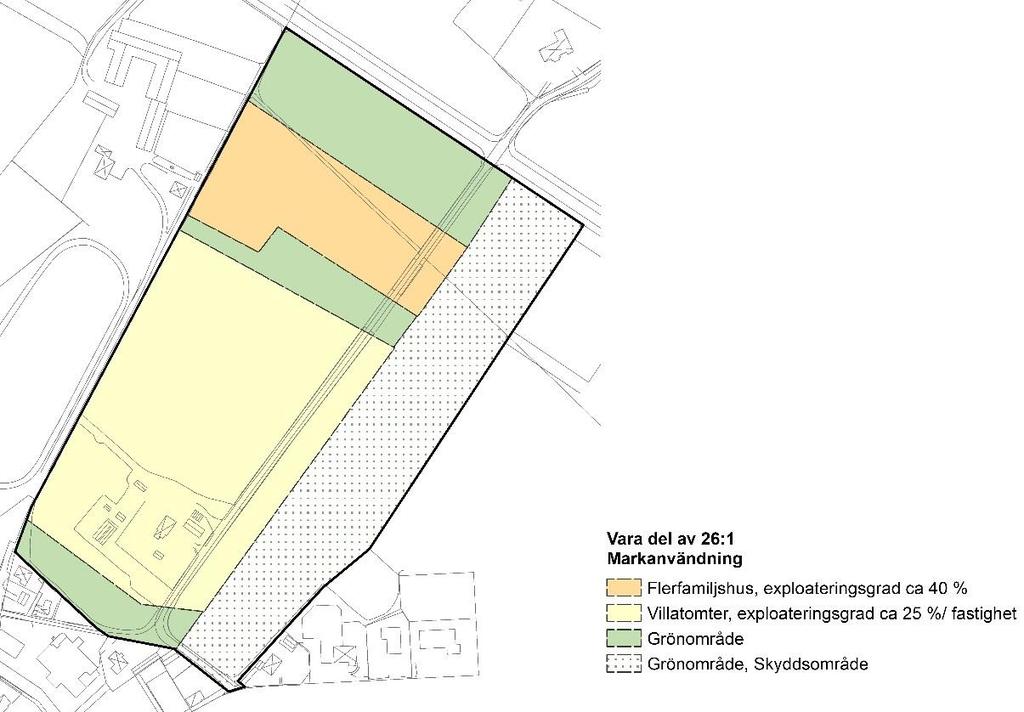 Figur 8 Planerad markanvändning inom planområdet Vara del av 26:1. Tabell 1 Ungefärlig area av olika markanvändning enligt planerad exploatering.
