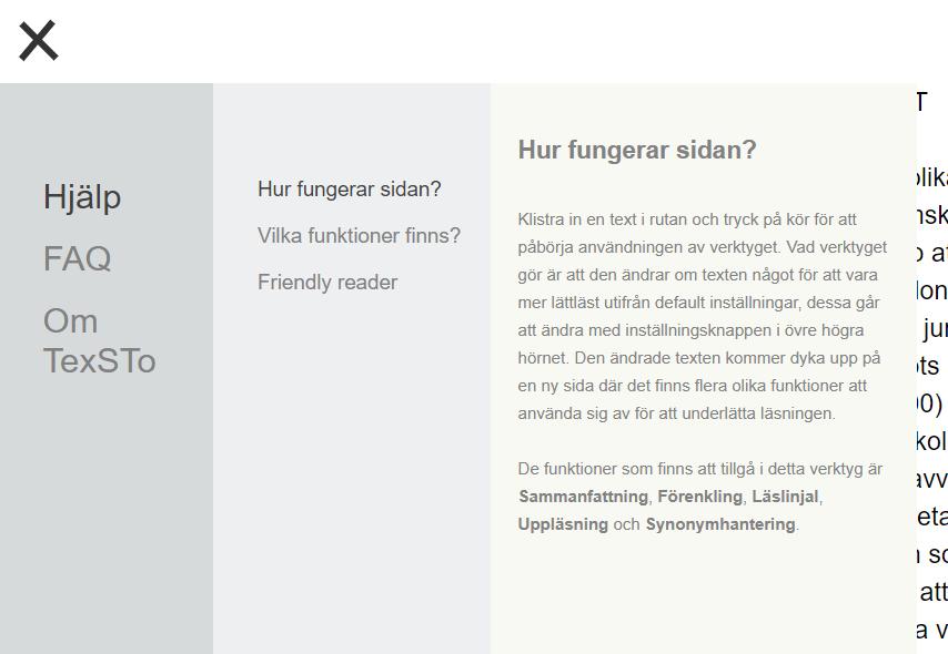 12 3. Menyer I detta verktyg finns det som redan nämnts två olika menyer, den ena för information och den andra för inställningar av text och verktyg. 3.1 Informativ meny Den informativa menyn ansågs vara högst relevant för att underlätta användningen av verktyget.