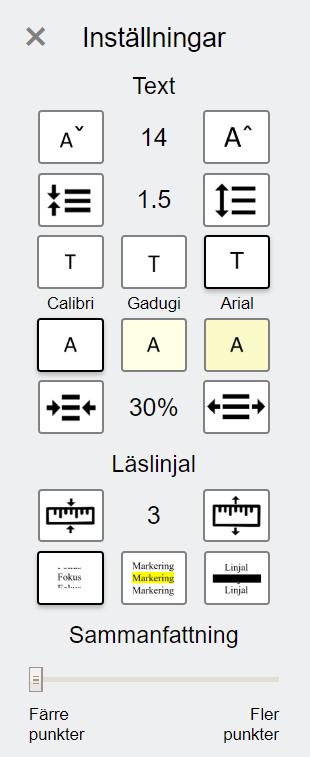 13 3.2 Inställningsmenyn Inställningsmenyn innefattar inställningar för text samt även för vissa verktyg.