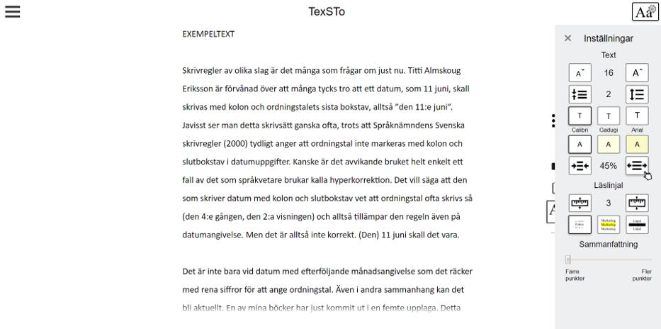 17 Därefter kan användaren exempelvis ställa om texten på det sätt som användaren tycker är lättast att läsa, se bild 27.