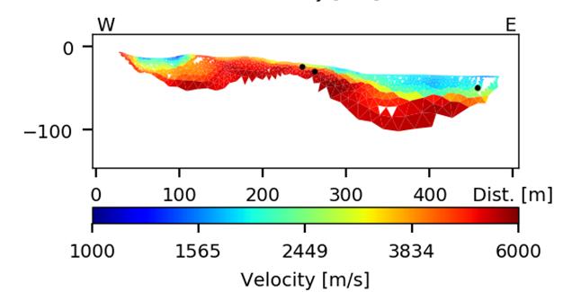 Glappet i det seismiska resultatet för Linje 1 (se Figur 3), orsakat av höga nivåer på signalstörningar under dagtid i kombination med dämpning av signalen p.g.a. gas i bottensedimenten, täcks upp av kontinuerliga ERT-resultat.