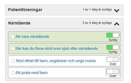 Vissa steg (avsnitt) är synliga från början och vissa ska synliggöras vart efter patienten har behov av informationen.