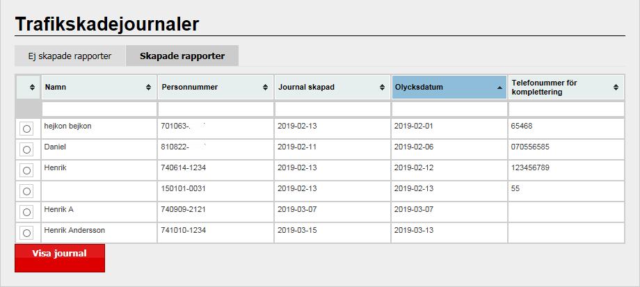 När man har skapat en ny rapport genom att markera en rad och klickat på Skapa ny rapport så flyttas den digitala trafikskadejournalen över till fliken SKAPADE RAPPORTER.