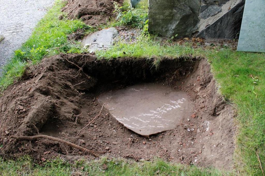 Schakt 1 Vid sakristians norra sida grävdes ett schakt för ny jordplåt (figur 6) A Sten. Ca 0,35 m under mark fanns en stor, flat sten.