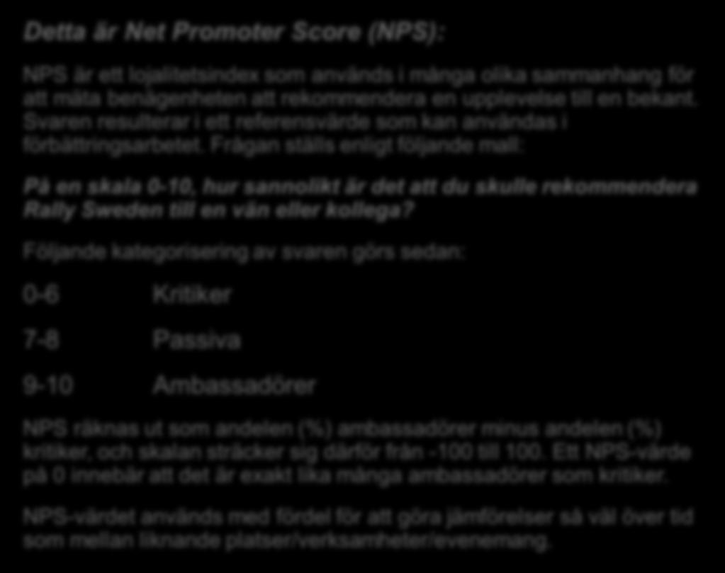 80% 60% 40% 20% 0% 2,6% 2,2% 2,5% Svarsdistribution, totalt 28,3% 29,5% 28,7% NPS: Rally Sweden -50 50 66 NPS -100 69,1% 68,3% 68,8% Kritiker 0-6 Passiva 7-8
