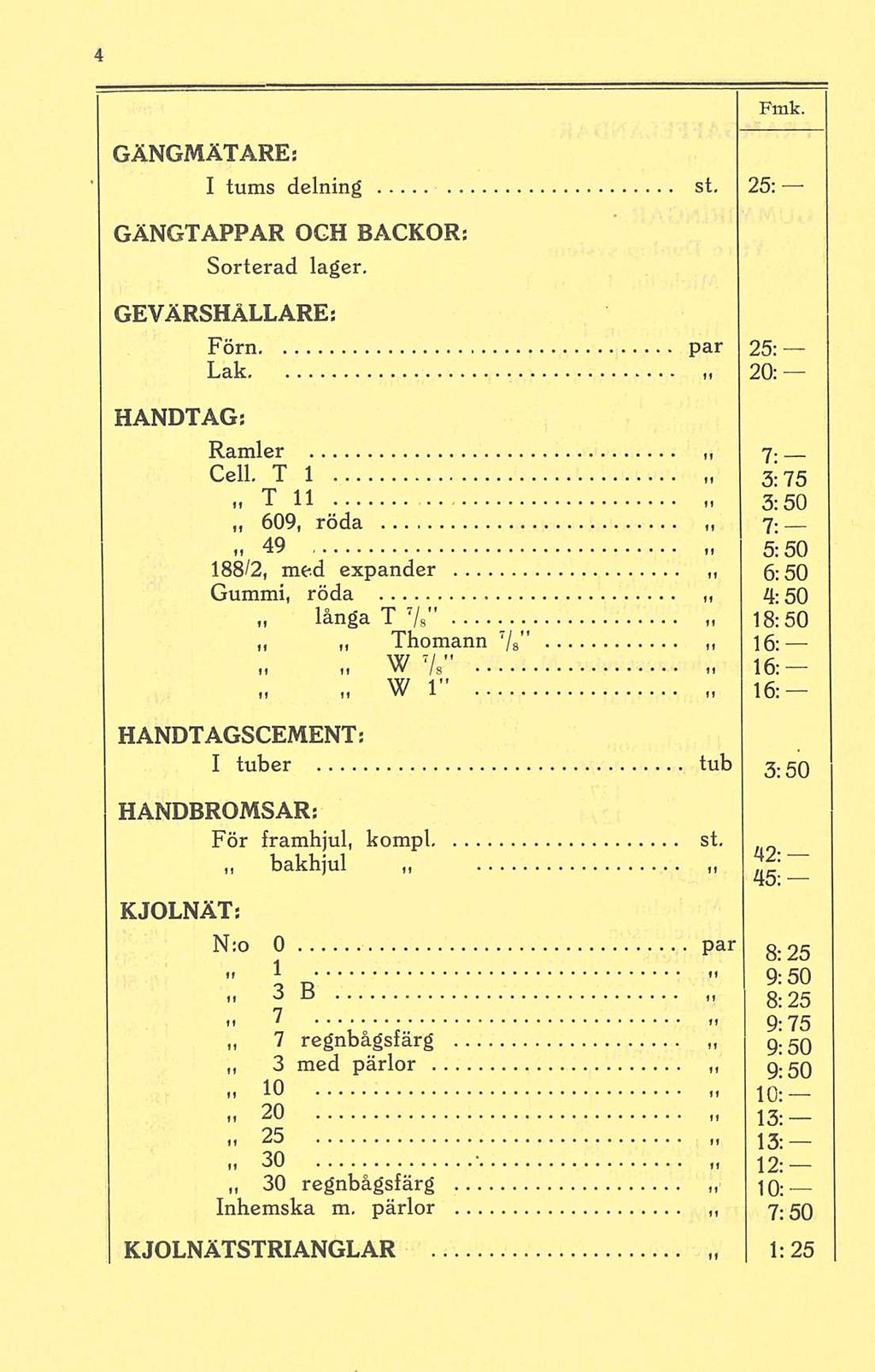 GÄNGMÄTARE: I tums delning st, - 25: GÄNGTAPPAR OGH BACKOR: Sorterad lager. GEVÄRSHÄLLARE: Förn par 25: Lak 20: HANDTAG: Ramler 7. Cell. T 1 3! 75 T 11 3:50 609, röda 7 ;.