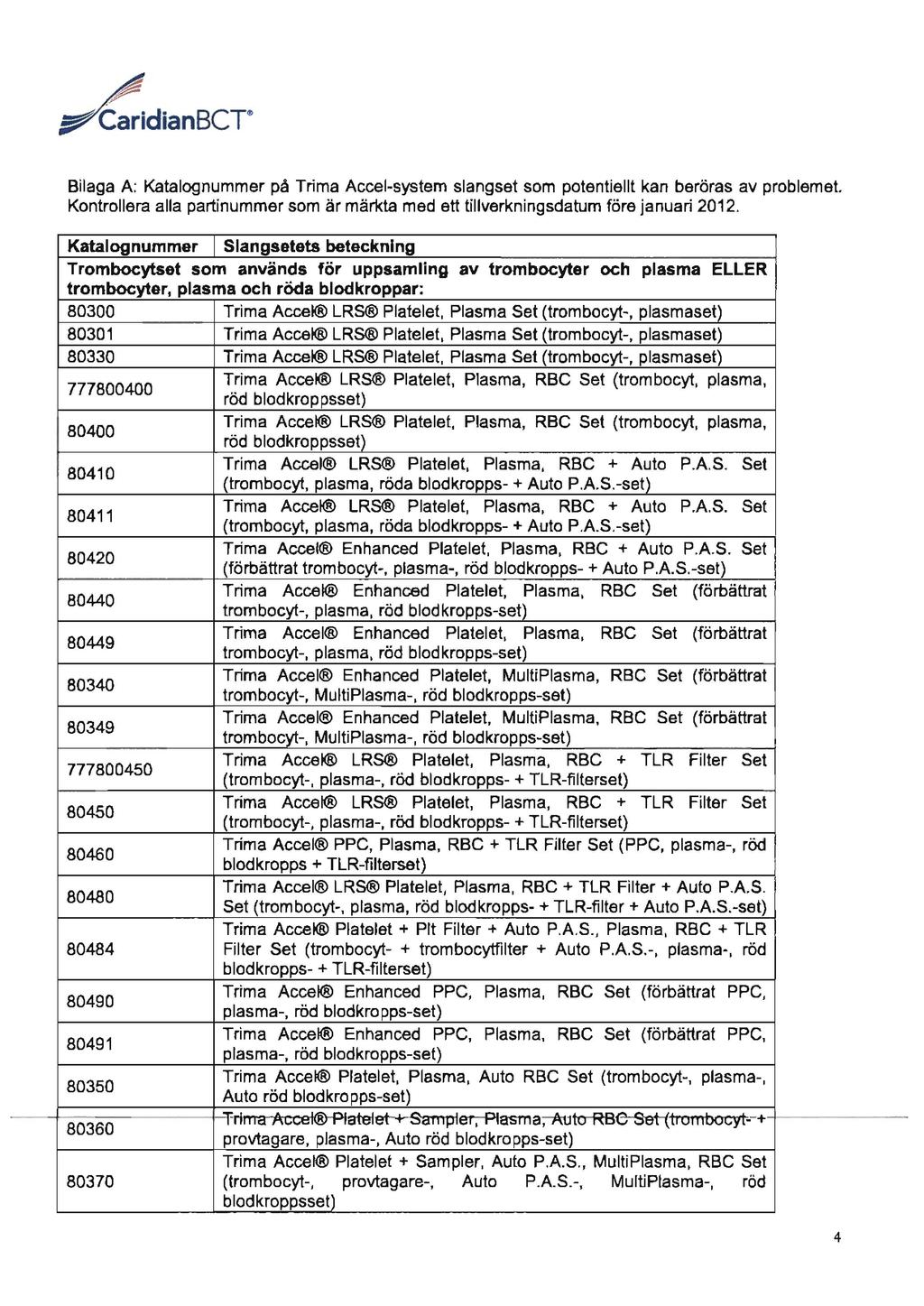 / ~CaridianBCT~ Bilaga A: Katalognummer på Trima Accel-system slangset som potentiellt kan beröras av problemet.