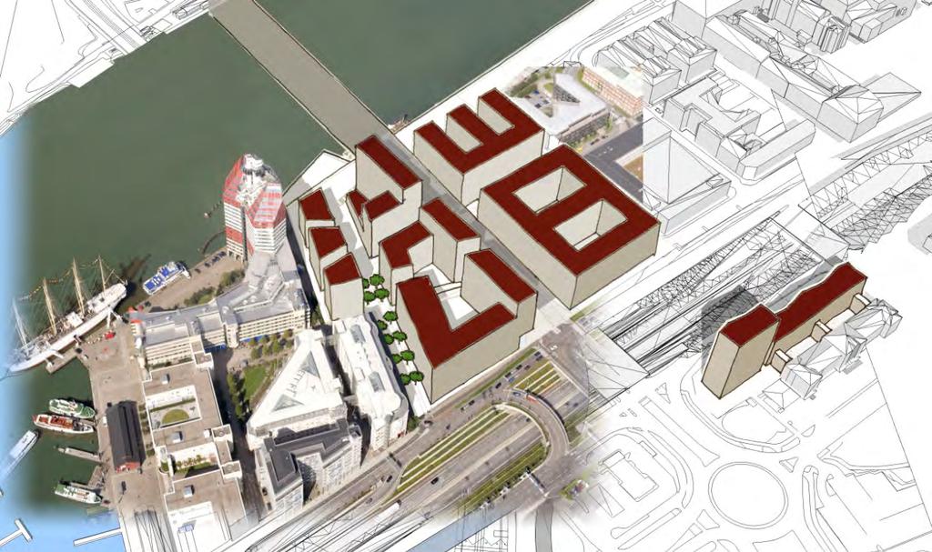 3.1:3 Illustration av planförslagets bebyggelse kring planerad ny bro över Göta älv. Även förslaget till Regionens hus är inlagt till höger i bilden. (Källa: Stadsbyggnadskontoret, Göteborg) 3.