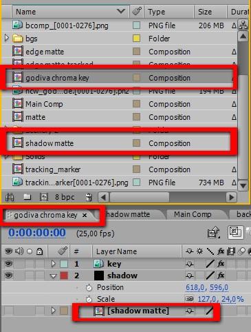 Figur 4.5: Material representerat i projektfönster och på tidslinan. Informationspanelen (nummer 5 i figur 4.1) visar information om den pixel som muspekaren för tillfället står på.