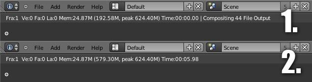 Figur 4.25: Information om pågående rendering (1) och utförd rendering (2). För den här studien kunde slutresultatet renderas till MPEG Quicktime-format med H.