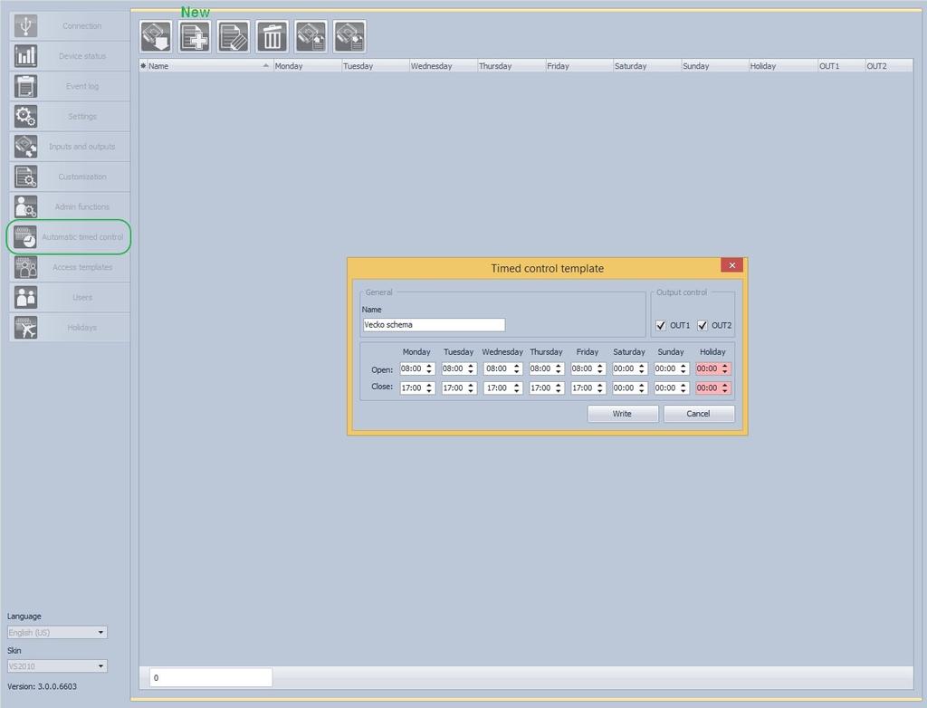 Skapa veckoschema Gå till flik Automatic timed control tryck på New för att skapa ett nytt veckoschema.