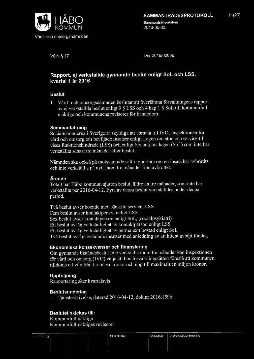 SAMMANTRÄDESPROTOKOLL 11 (20) VON 37 Dnr 2016/00006 Rapport, ej verkställda gynnande beslut enligt Sol och LSS, kvartal 1 år 2016 l.
