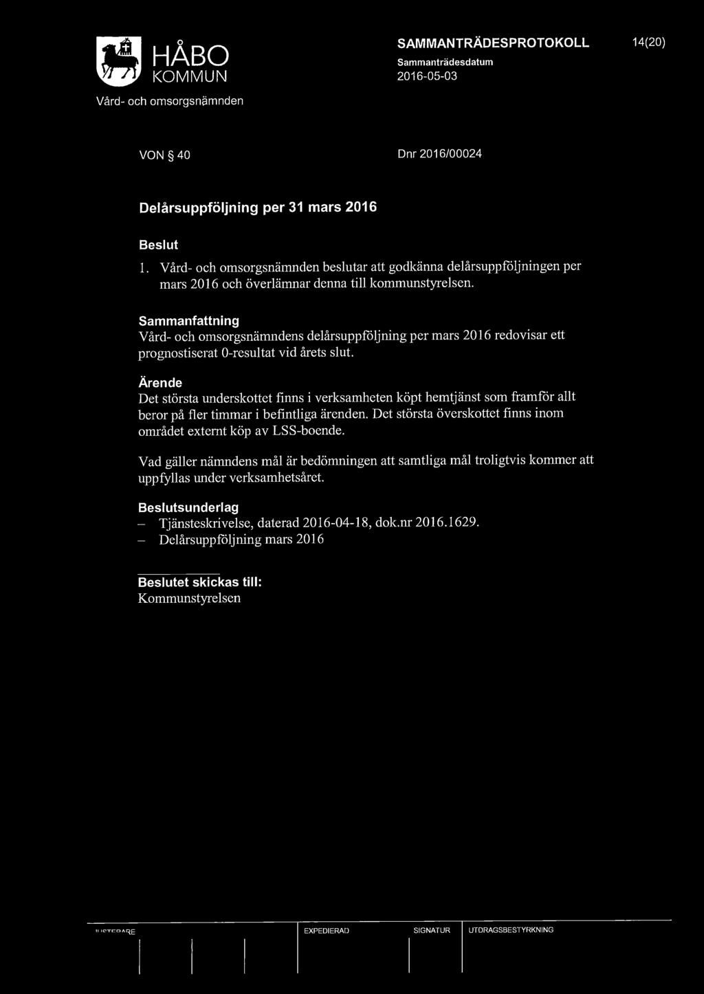 Vård- och omsorgsn~mnden SAMMANTRÄDESPROTOKOLL 14(20) VON 40 Dnr 2016/00024 Delårsuppföljning per 31 mars 2016 l.