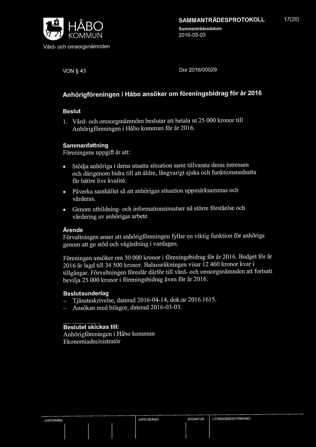 SAMMANTRÄDESPROTOKOLL 17(20) VON 43 Dnr 2016/00029 Anhörigföreningen i Håbo ansöker om föreningsbidrag för år 2016 l.