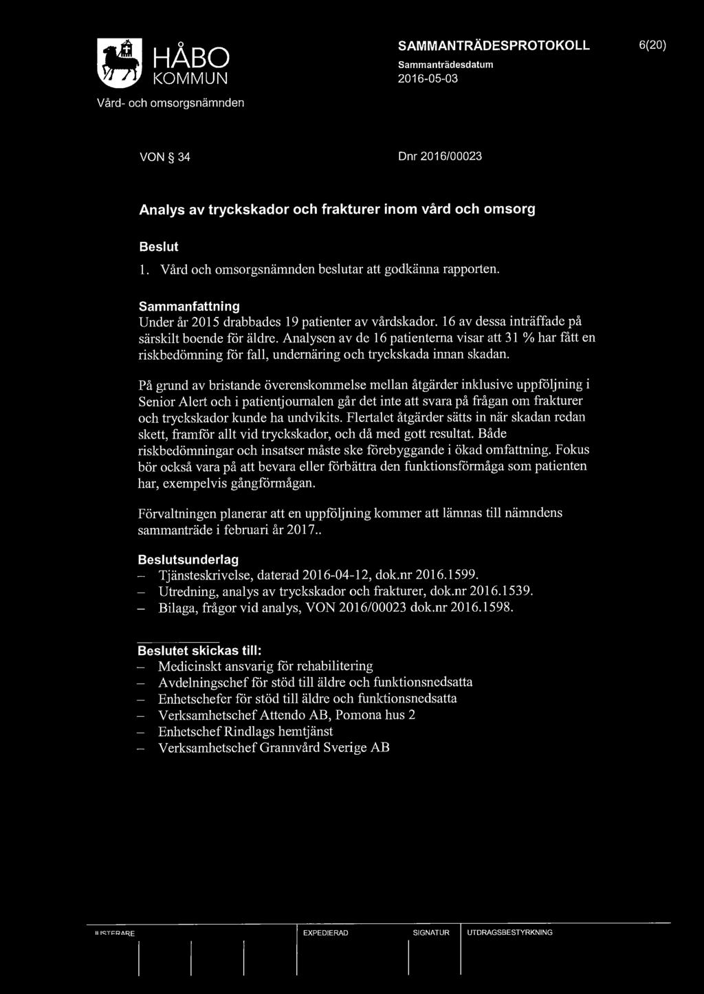 SAMMANTRÄDESPROTOKOLL 6(20) VON 34 Dnr 2016/00023 Analys av tryckskador och frakturer inom vård och omsorg l. Vård och omsorgsnämnden beslutar att godkänna rapporten.