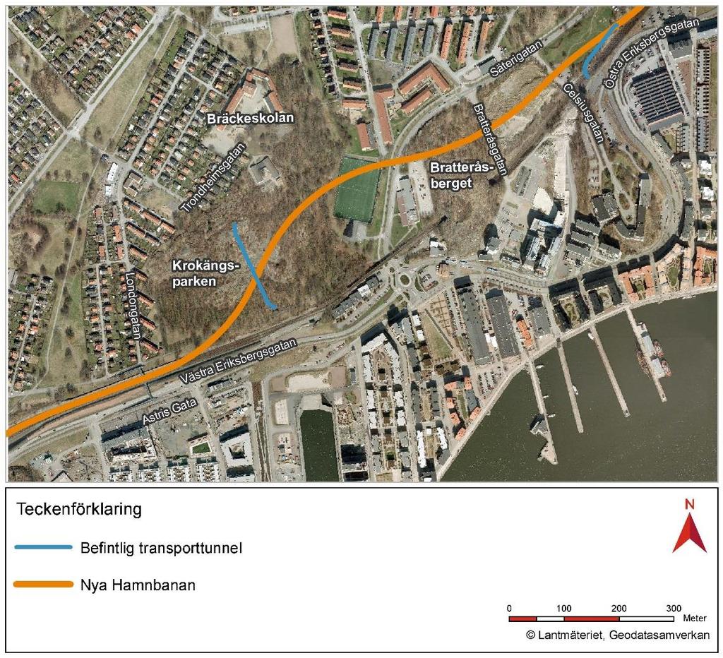 Figur 1.1 Översikt över Hamnbanans sträckning på sträckan Eriksberg- Pölsebo och lokaliseringen av Gryaabs befintliga transporttunnlar i relation till Hamnbanan.