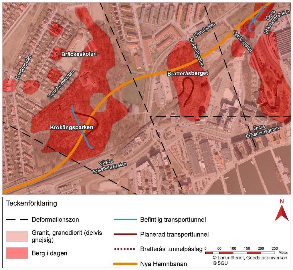 Figur 2.4 Berggrund Krokängsparken och Bratteråsberget. Bearbetat utsnitt ur Berggrundskartan (SGU, 2016a) 2.3.