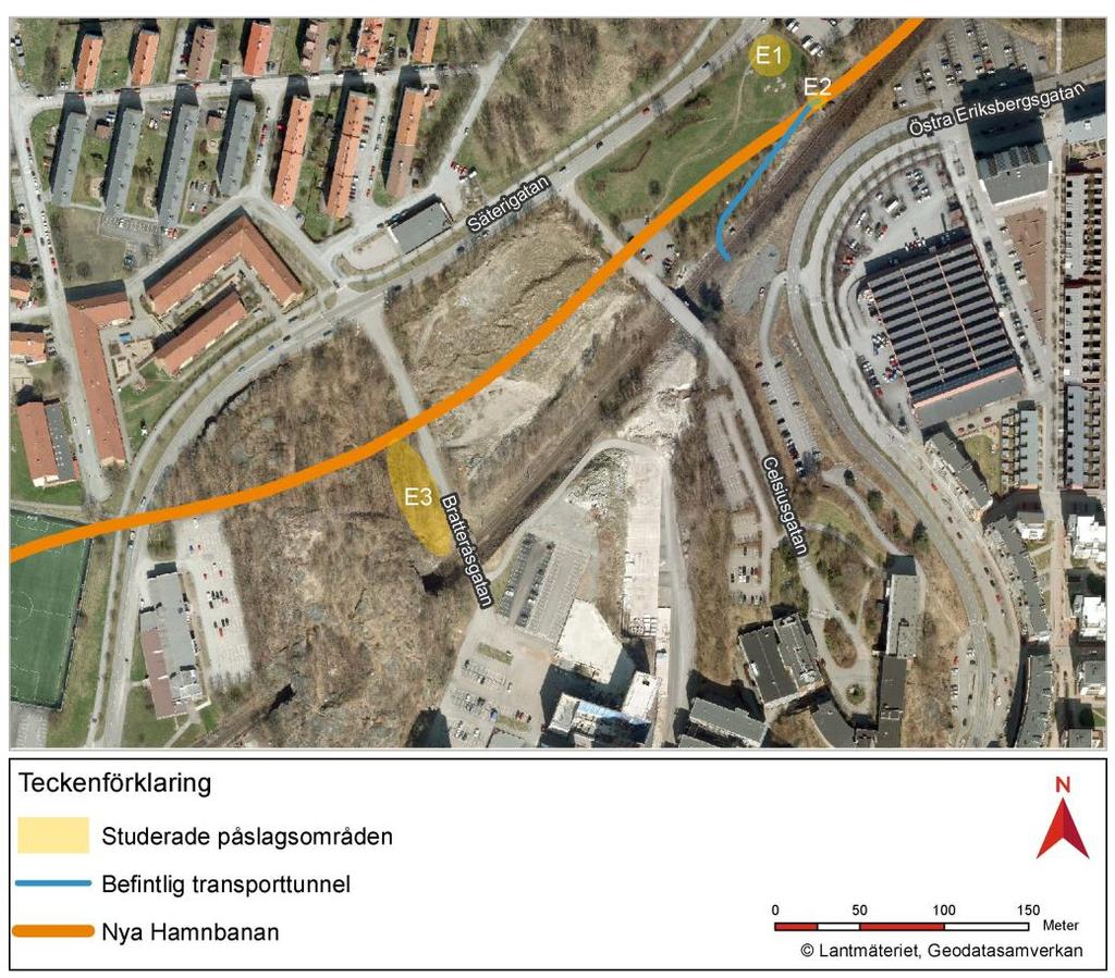 Figur 3.1 Studerade påslagsområden för de alternativ som studerats att ersätta den befintliga tunneln öster om Säterigatan.