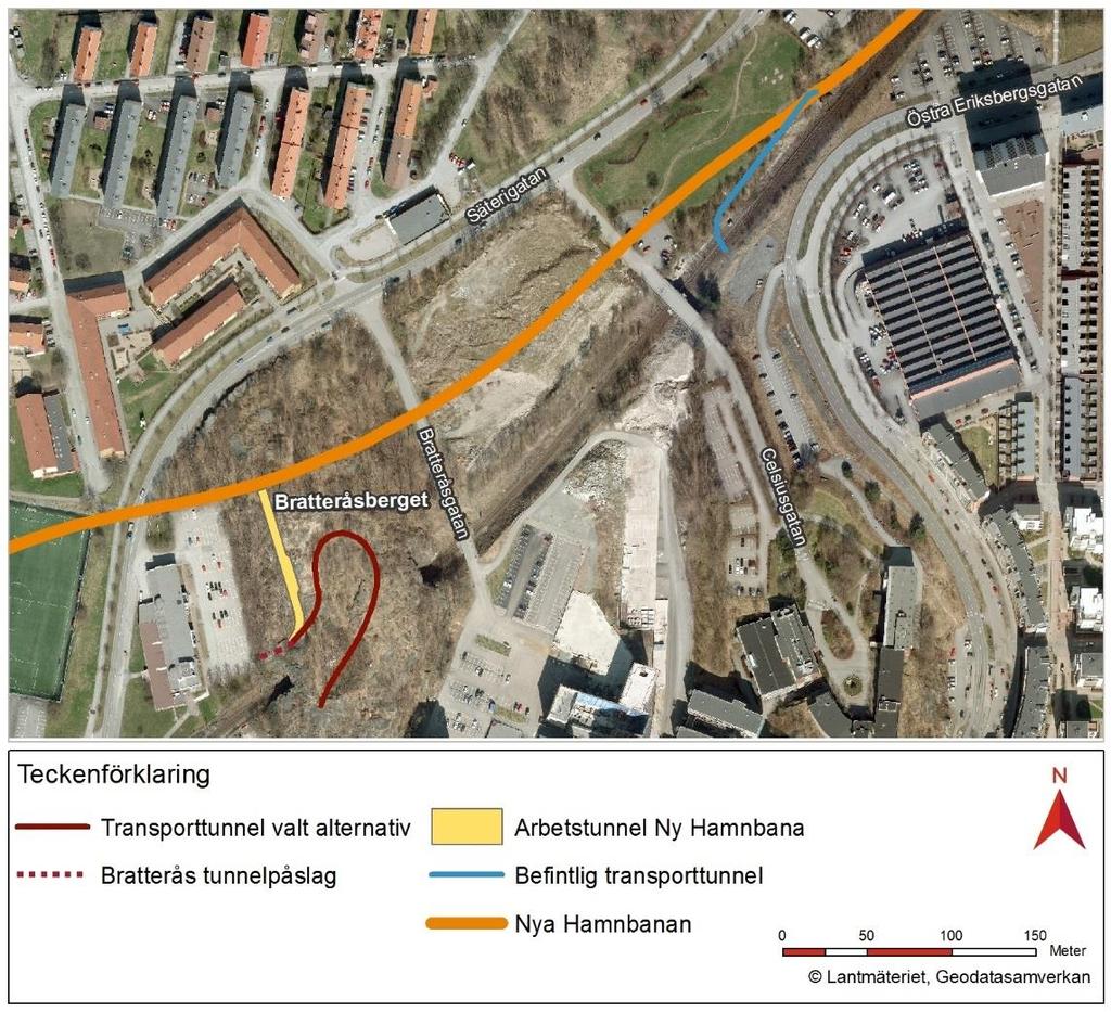 Figur 3.3 Valt påslagsläge och tunnelalternativ, E4. 3.3.2 KX - Utförande via järnvägstunnel under byggskedet Under samrådsskedet identifierades ett alternativt utförande av K2, KX (se Figur 3.
