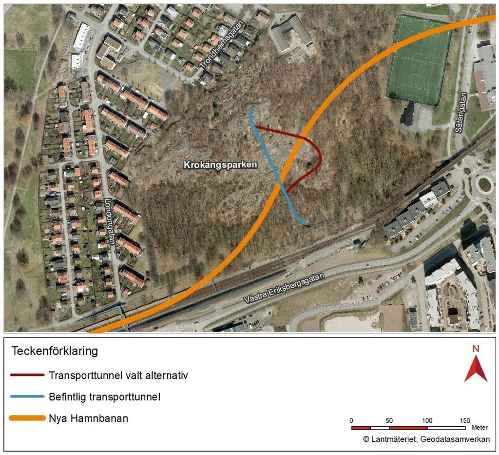 Figur 3.4 Valt påslagsläge Krokängsberget, KX. Valt alternativ innebär att befintligt tunnelpåslag finns kvar och ny transporttunnel byggs i en båge under Hamnbanans nya tunnel. 3.4 Tillfartsväg till tunnel i Bratteråsberget En permanent tillfartsväg planeras från Säterigatan söder om befintliga kontorsbyggnader på fastigheten Sannegården 25:1.