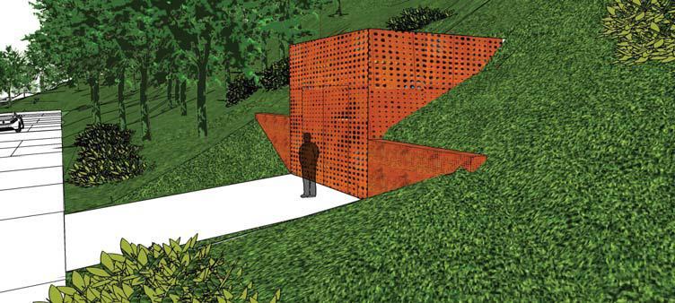 Figur 6.1 Figuren visar gestaltningsförslag nr 2 av det nya påslaget vid Bratteråsberget med skärm av mönsterperforerad cortenstål framför porten in i berget. 6.5 