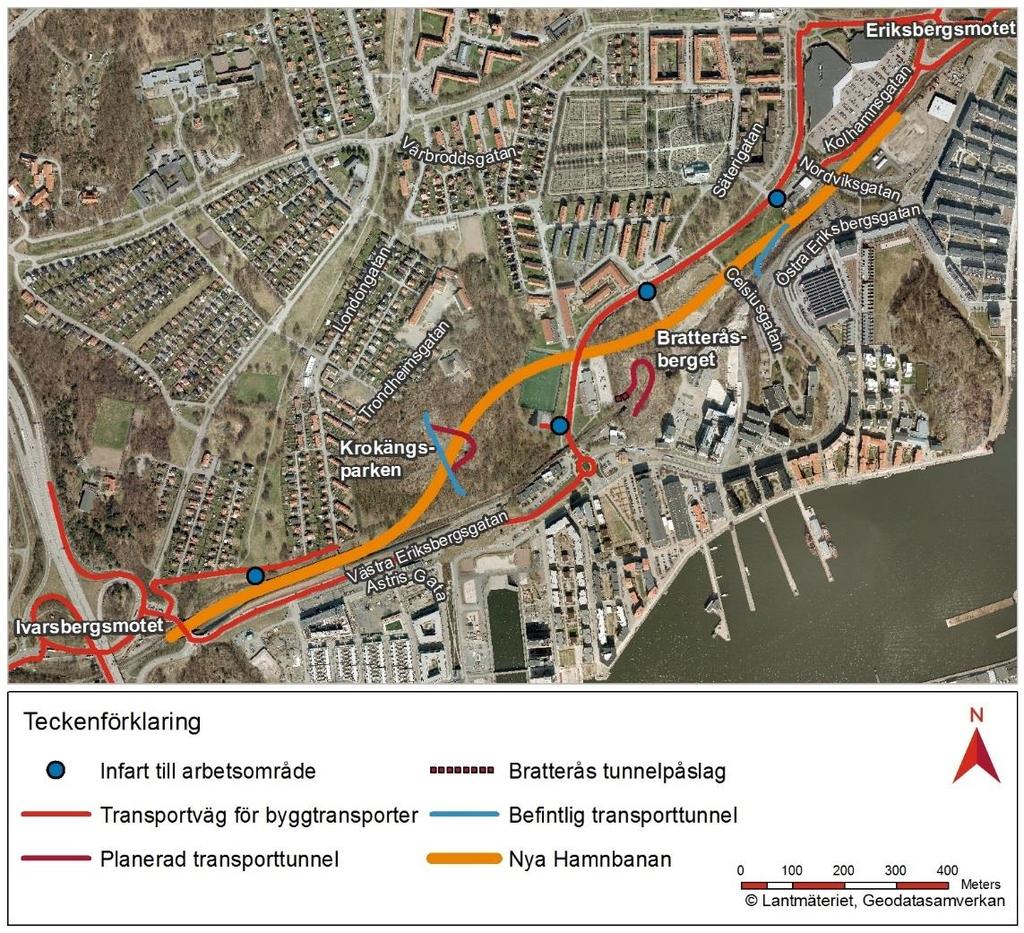 Figur 7.1 Möjliga transportvägar och anslutningspunkter för byggtrafik. För transporttunneln i Bratteråsberget kommer materialet att transporteras ut via en arbetsväg till Säterigatan.