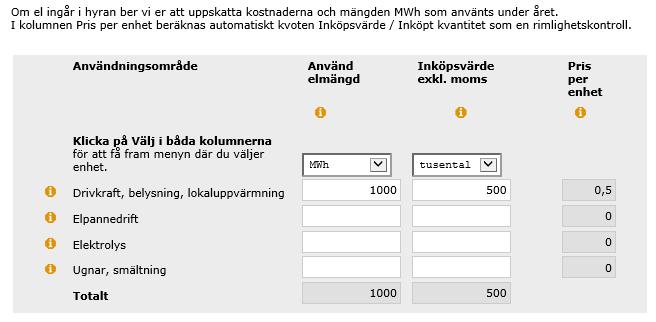 7/8 Fråga 3 Redovisa arbetsställets elanvändning för kalenderåret 2018. Nytt för 2018 är att ni kan välja enhet för mängden el och dess inköpsvärde i rullistorna Välj enhet på översta raden.