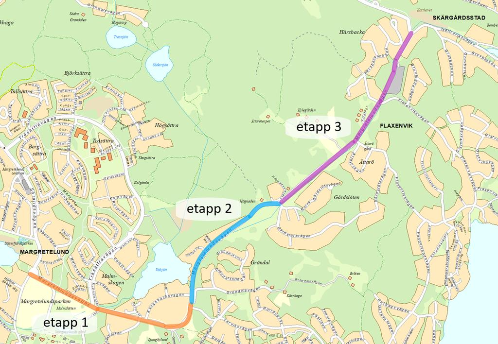 1. Bakgrund Längs med Margretelundsvägen byggs gång- och cykelväg ut i etapper. Etapp 1 som sträcker sig mellan Päronkröken och Gröndalsvägen byggdes under 2011-2012.
