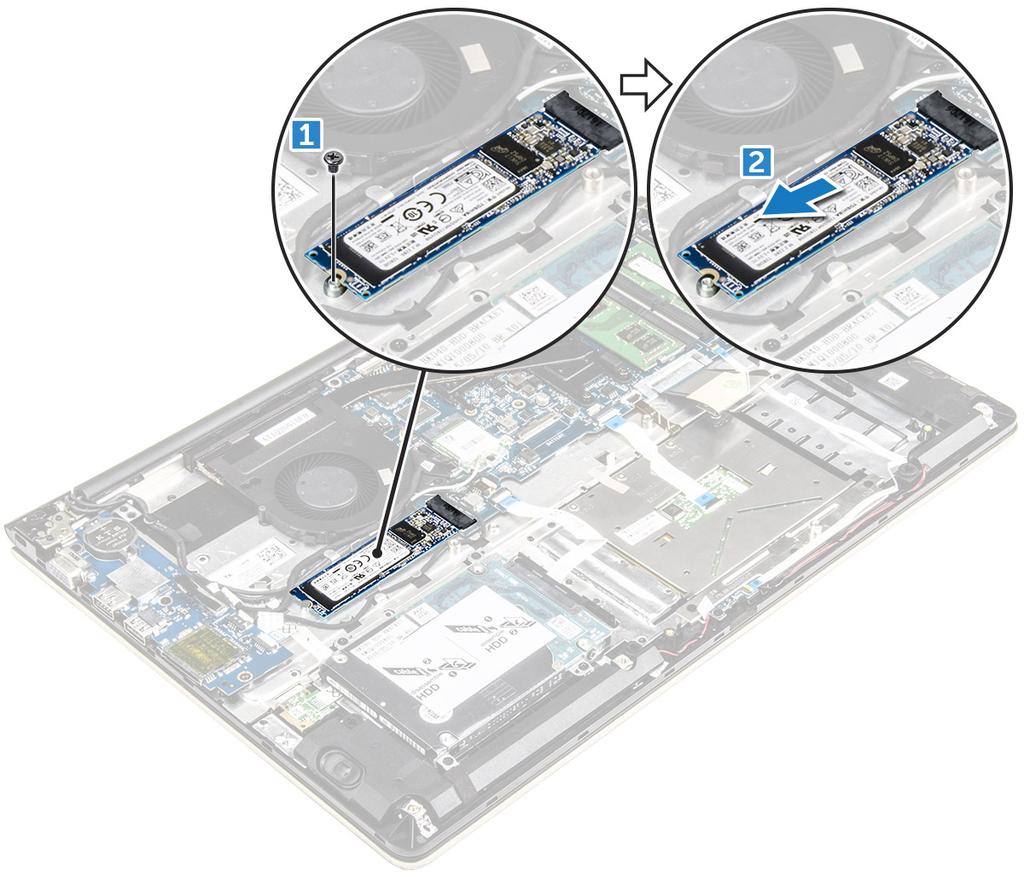 Installera SSD-enheten 1 För in SSD-enheten i kortplatsen på datorn. 2 Dra åt skruvarna som håller fast SSD-enheten.